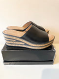 GABOR BLACK LEATHER OPEN TOE CORK WEDGE SLIP ON MULES SIZE 6.5/39.5
