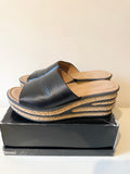 GABOR BLACK LEATHER OPEN TOE CORK WEDGE SLIP ON MULES SIZE 6.5/39.5