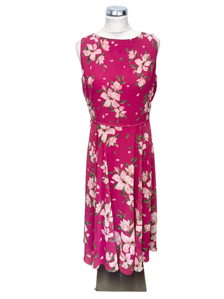 HOBBS CERISE PINK FLORAL PRINT SLEEVELESS FIT & FLARE MIDI DRESS  SIZE 12