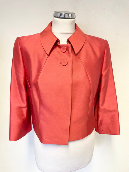 HOBBS CORAL WOOL & SILK BLEND COLLARED 3/4 SLEEVED SHORT OCCASION JACKET SIZE 12