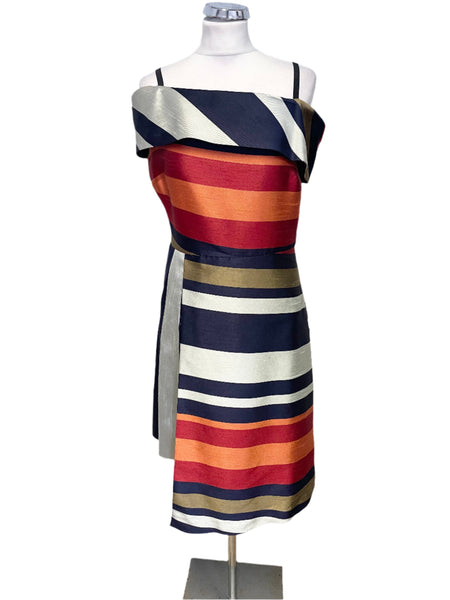 FINERY MULTI COLOURED STRIPE OFF SHOULDER A-LINE DRESS SIZE 12