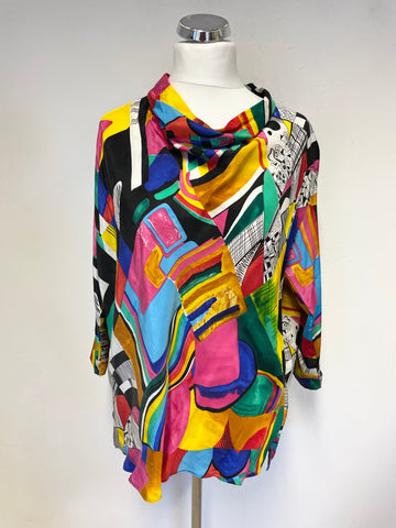 FELICIA 100% SILK MULTI COLOURED PRINT 3/4 SLEEVED TOP SIZE 44 UK 16