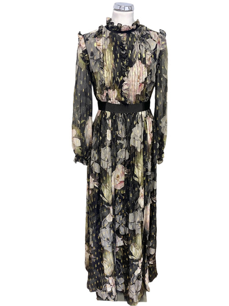 TED BAKER HUNNIE BLACK FLORAL PRINT LONG SLEEVED MAXI DRESS SIZE 1 UK 8/10
