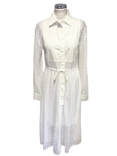 TOMMY HILFIGER WHITE LACE COLLARED LONG SLEEVE SHIRT MIDI DRESS  SIZE 8