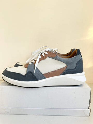 BRAND NEW CLARKS UNSTRUCTURED WHITE,BLUE & TAN SUEDE & FABRIC TRAINERS SIZE 6/39