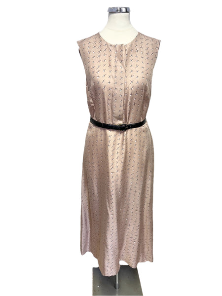 LK BENNETT DUSKY PINK PRINT SILK & SLEEVELESS MIDI DRESS  SIZE 10
