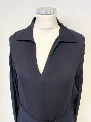 MASSIMO DUTTI NAVY BLUE COLLARED LONG SLEEVED BELTED SHIFT DRESS SIZE 40 UK 12