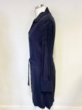 MASSIMO DUTTI NAVY BLUE COLLARED LONG SLEEVED BELTED SHIFT DRESS SIZE 40 UK 12