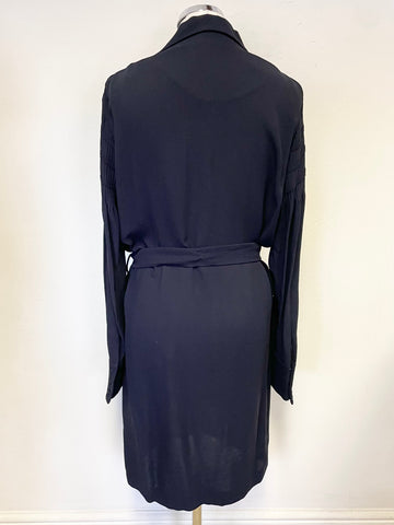 MASSIMO DUTTI NAVY BLUE COLLARED LONG SLEEVED BELTED SHIFT DRESS SIZE 40 UK 12