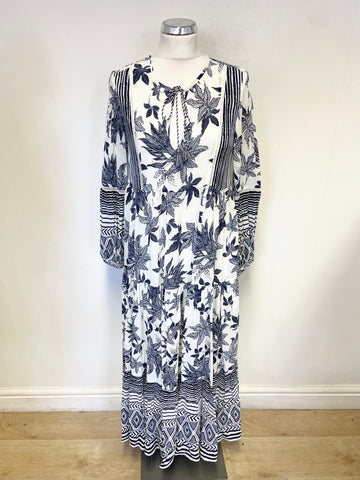 EVE IN PARADISE NAVY & WHITE PATTERNED LONG SLEEVED TIERED MAXI DRESS SIZE 34 UK S