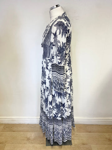 EVE IN PARADISE NAVY & WHITE PATTERNED LONG SLEEVED TIERED MAXI DRESS SIZE 34 UK S/M