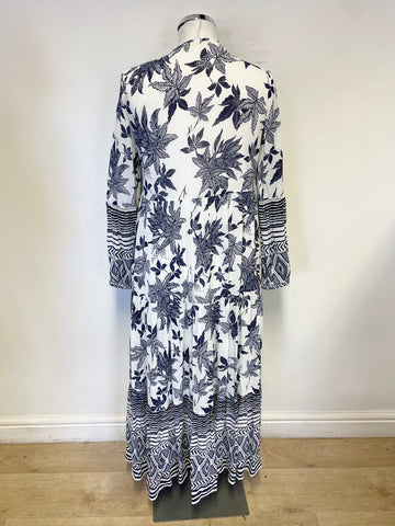 EVE IN PARADISE NAVY & WHITE PATTERNED LONG SLEEVED TIERED MAXI DRESS SIZE 34 UK S/M