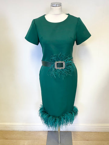BRAND NEW HF EMERALD GREEN SHORT SLEEVED FEATHER TRIM PENCIL DRESS SIZE S/M