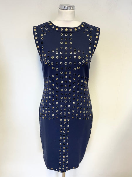 MARCIANO NAVY BLUE EYELET TRIM SLEEVELESS PENCIL DRESS SIZE 6 UK 10