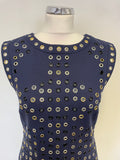 MARCIANO NAVY BLUE EYELET TRIM SLEEVELESS PENCIL DRESS SIZE 6 UK 10