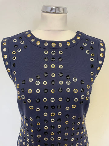 MARCIANO NAVY BLUE EYELET TRIM SLEEVELESS PENCIL DRESS SIZE 6 UK 10