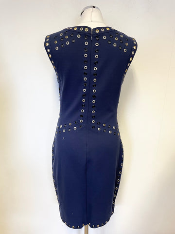 MARCIANO NAVY BLUE EYELET TRIM SLEEVELESS PENCIL DRESS SIZE 6 UK 10