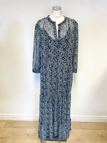 LOLLYS LAUNDRY BLUE & GREEN DITSY FLORAL PRINT LONG SLEEVED TIERED MAXI DRESS SIZE L