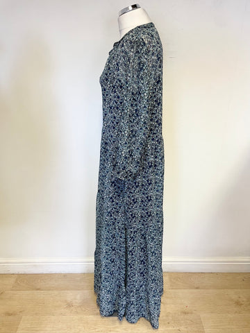 LOLLYS LAUNDRY BLUE & GREEN DITSY FLORAL PRINT LONG SLEEVED TIERED MAXI DRESS SIZE L