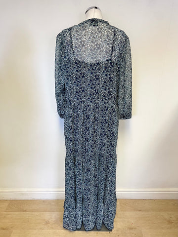 LOLLYS LAUNDRY BLUE & GREEN DITSY FLORAL PRINT LONG SLEEVED TIERED MAXI DRESS SIZE L