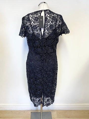 BRAND NEW MARKS & SPENCER NAVY BLUE SHORT SLEEVE LACE PENCIL DRESS SIZE 14