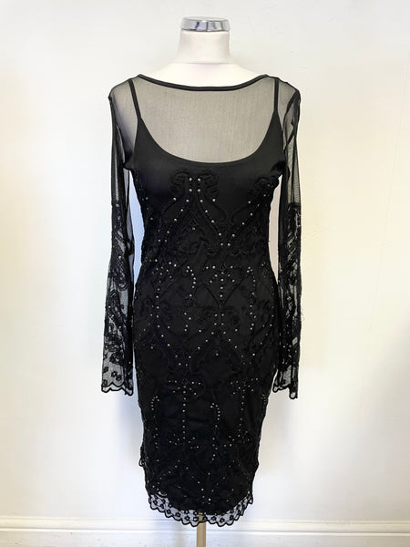 PER UNA BLACK MESH OVERLAY SEQUIN TRIMMED LONG SLEEVED PENCIL DRESS SIZE 8