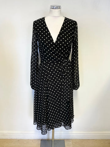 GUESS BLACK & WHITE SPOT LONG SLEEVED WRAP DRESS SIZE S