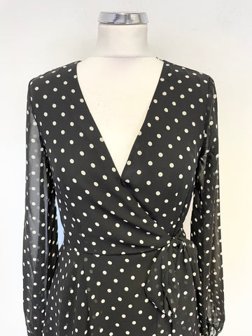GUESS BLACK & WHITE SPOT LONG SLEEVED WRAP DRESS SIZE S