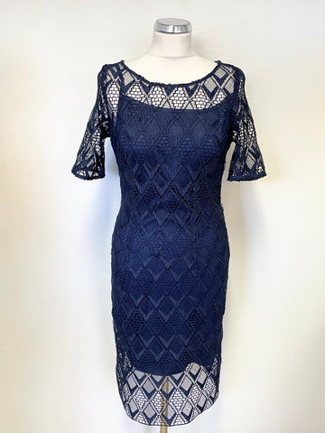 MARKS & SPENCER AUTOGRAPH NAVY BLUE LACE SHORT SLEEVED PENCIL DRESS SIZE 10