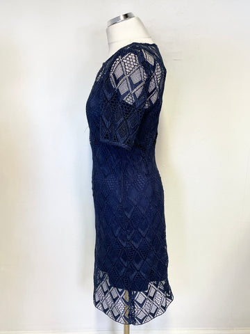 MARKS & SPENCER AUTOGRAPH NAVY BLUE LACE SHORT SLEEVED PENCIL DRESS SIZE 10