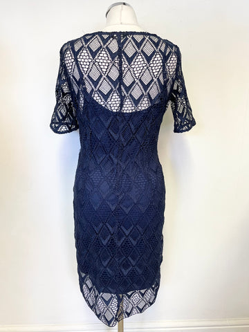 MARKS & SPENCER AUTOGRAPH NAVY BLUE LACE SHORT SLEEVED PENCIL DRESS SIZE 10
