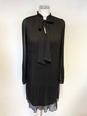 DKNY BLACK KNIFE PLEATED TIE NECK LONG SLEEVED SHIFT DRESS SIZE S