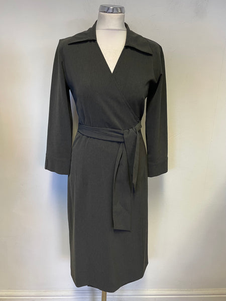 LK BENNETT GREY COLLARED 3/4 SLEEVED WRAP DRESS SIZE 1 UK 8/10