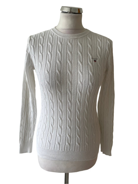 GANT WHITE ROUND NECK LONG SLEEVED COTTON JUMPER  SIZE S