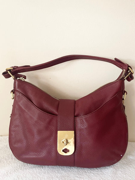 JAEGER BURGUNDY LEATHER EXTENDABLE ZIP AROUND SHOULDER BAG