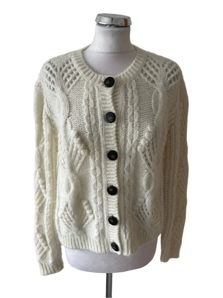 LA MAILLE SEZANE IVORY CABLE KNIT KID MOHAIR BLEND CARDIGAN SIZE S