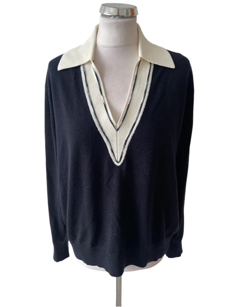 REISS NINA NAVY & WHITE TRIM COLLARED LONG SLEEVED JUMPER  SIZE L