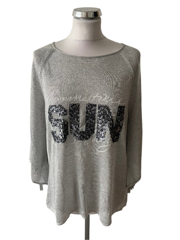 MONARI GREY SEQUIN TRIM COLD SHOULDER 3/4 SLEEVED FINE KNIT TOP SIZE 14