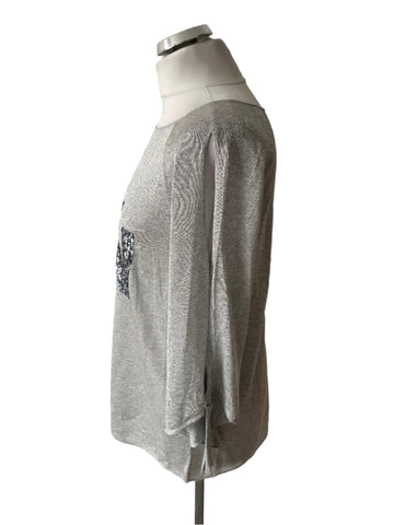 MONARI GREY SEQUIN TRIM COLD SHOULDER 3/4 SLEEVED FINE KNIT TOP SIZE 14