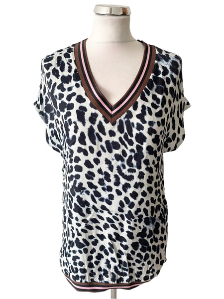 MARC AUREL BLUE ANIMAL PRINT V NECK CAP SLEEVE TOP SIZE 40 UK 14