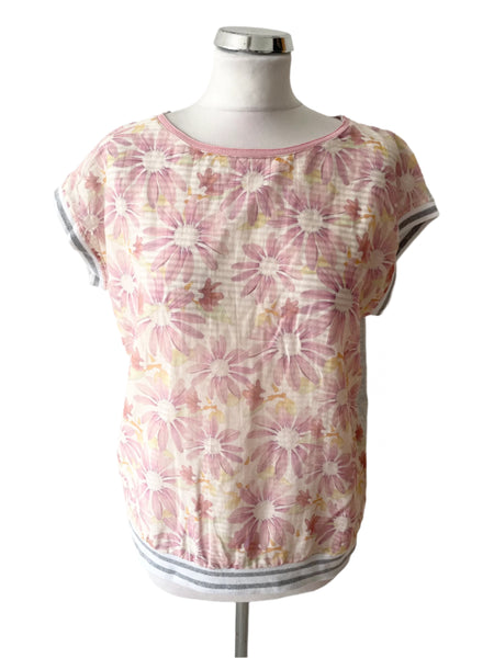 MARCCAIN SPORTS PINK & GREY FLORAL PRINT SILK FRONT CAP SLEEVE TOP SIZE N4 UK 14/16