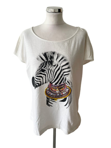 MARC AUREL WHITE ZEBRA PRINT BEADED TRIM SHORT SLEEVE T SHIRT SIZE 40 UK 14