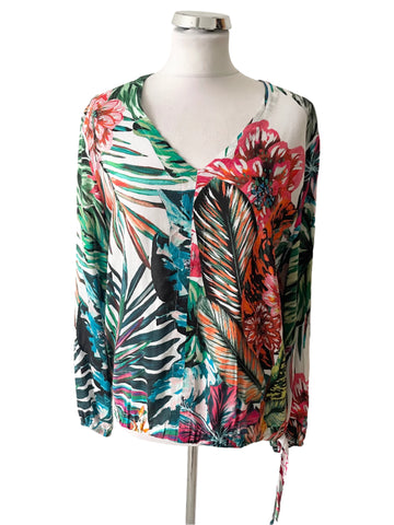 MONARI MULTI COLOURED TROPICAL FLORAL PRINT V NECK LONG SLEEVE TOP SIZE 16