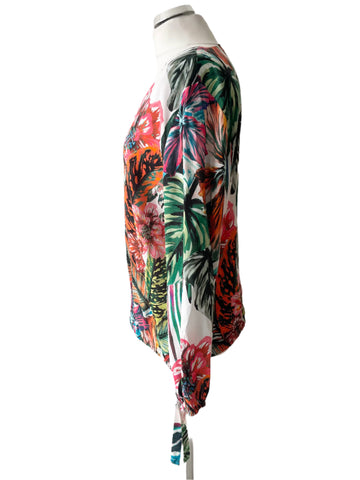 MONARI MULTI COLOURED TROPICAL FLORAL PRINT V NECK LONG SLEEVE TOP SIZE 16