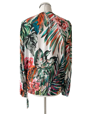 MONARI MULTI COLOURED TROPICAL FLORAL PRINT V NECK LONG SLEEVE TOP SIZE 16