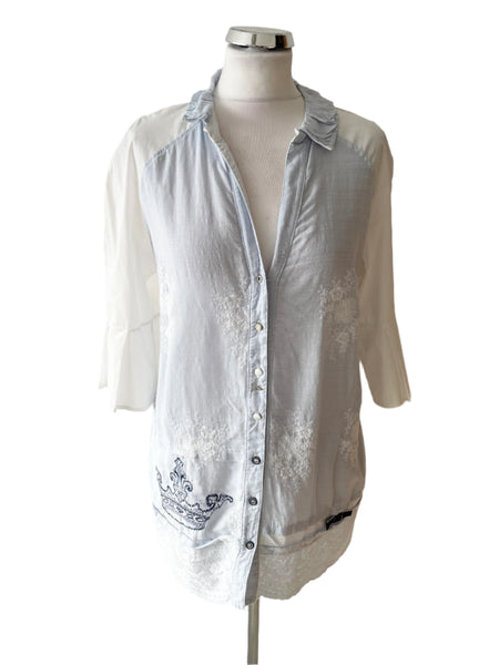 ELISA CAVALETTI PALE BLUE & WHITE COTTON & LINEN MIX HALF SLEEVE SHIRT&nbsp;  SIZE 14