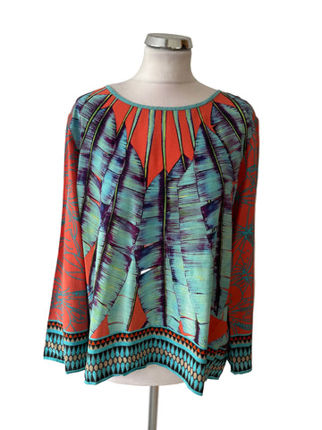 MARCCAIN 100% SILK CORAL & TURQUOISE PRINT LONG SLEEVE TOP SIZE N6 UK 16