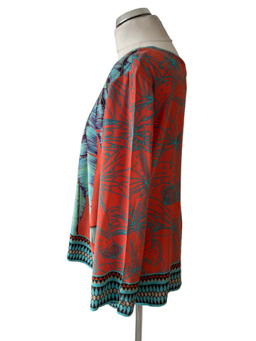 MARCCAIN 100% SILK CORAL & TURQUOISE PRINT LONG SLEEVE TOP SIZE N6 UK 16
