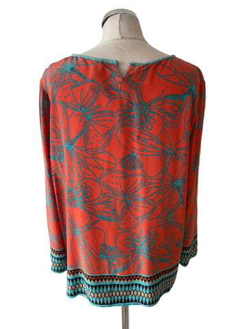 MARCCAIN 100% SILK CORAL & TURQUOISE PRINT LONG SLEEVE TOP SIZE N6 UK 16