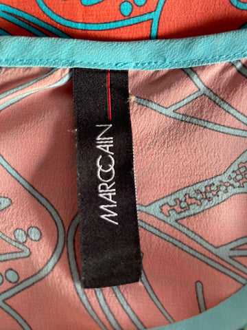 MARCCAIN 100% SILK CORAL & TURQUOISE PRINT LONG SLEEVE TOP SIZE N6 UK 16